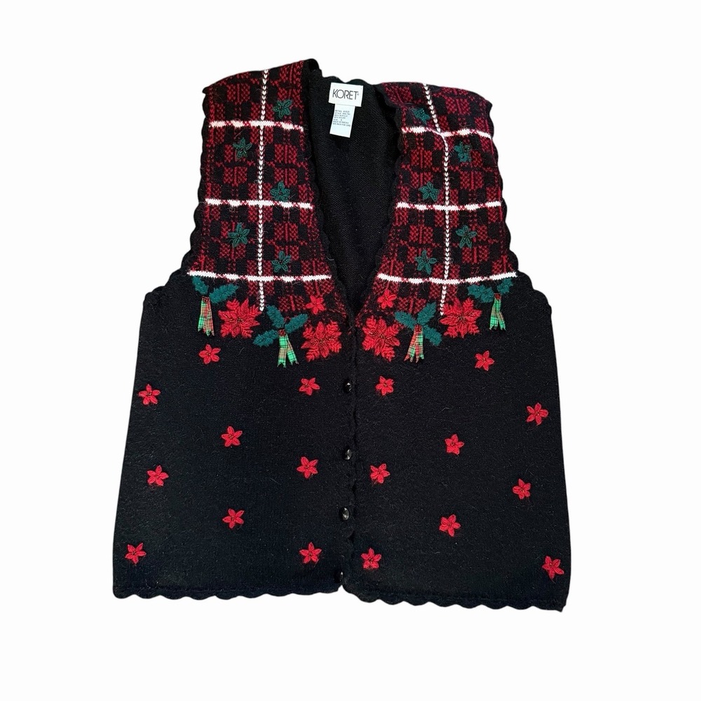 Vintage 90's Embroidered Sweater Vest L Knit Cardigan Grandma Core Christmas